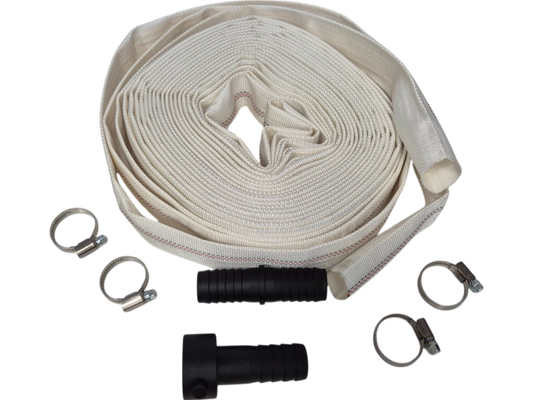 Lay flat SET D: cream fire hose coil with metal couplings and hose end fittings