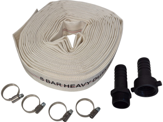 Lay Flat SET E: off-white hose roll with metal clamps and black connectors
