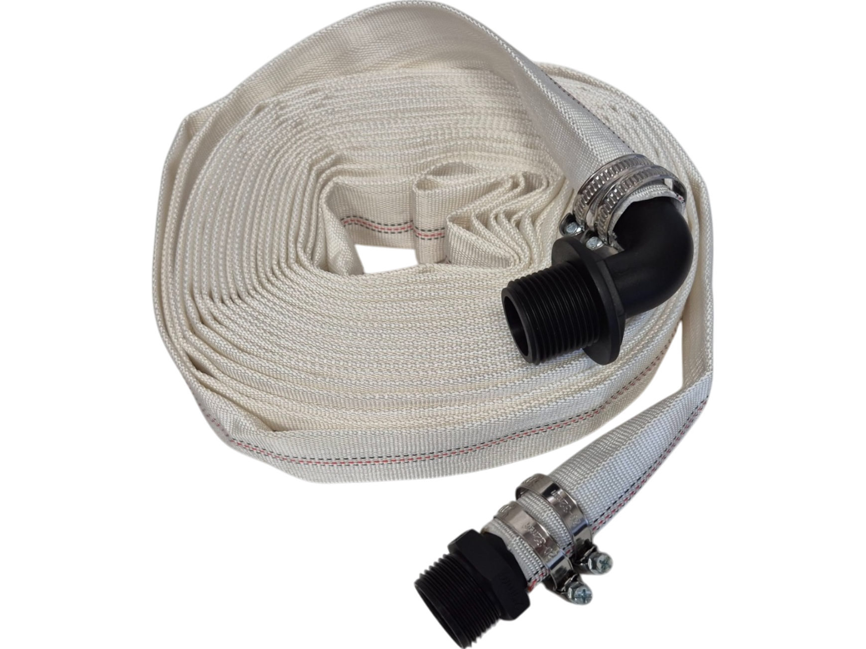Lay Flat SET F coiled strap end with metal clamp and black hose adapters
