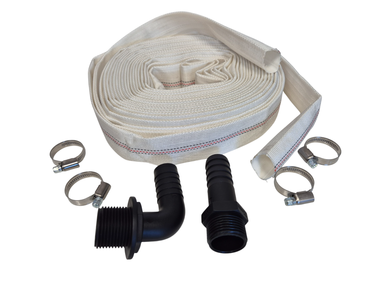 Lay Flat SET F lay-flat hose set with coiled strap and multiple black connectors