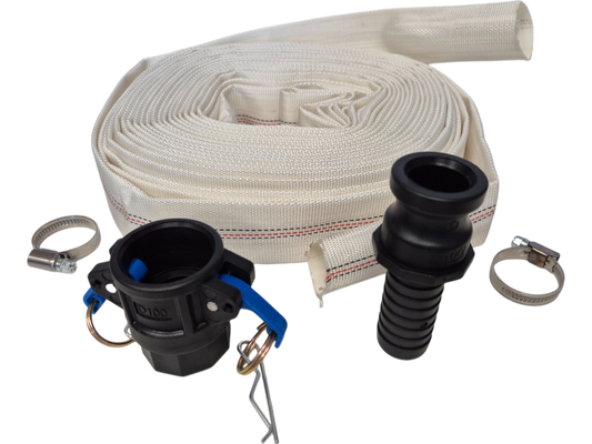 Lay Flat SET H hose roll with black couplings, metal clamps and blue latch pieces