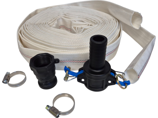Lay flat hose set with rolled white webbing, black fittings, and metal clips