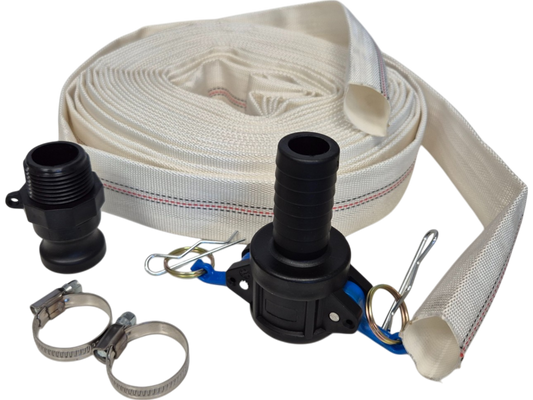 Lay Flat SET L: cream lay-flat hose kit with black couplers and metal clamps