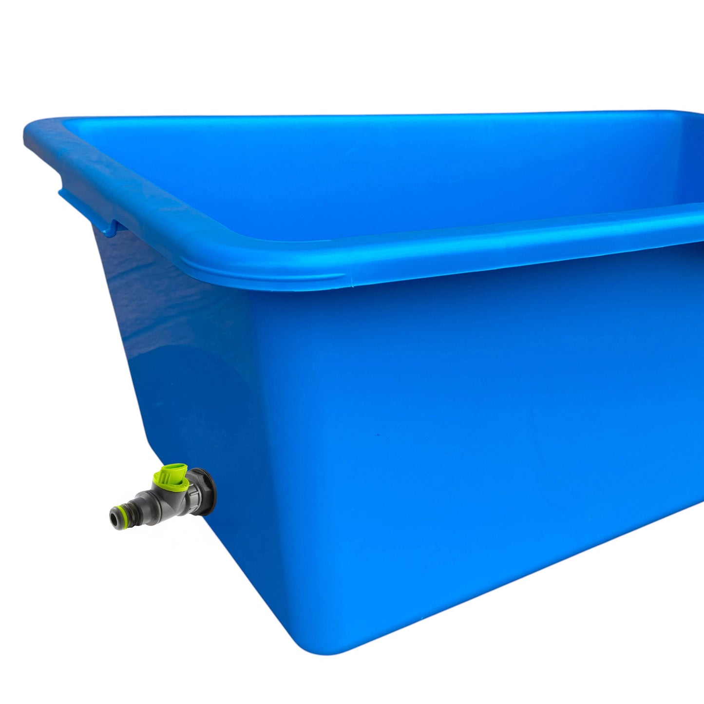 Blue dog bath with drain valve: blue tub with lime-capped drain outlet