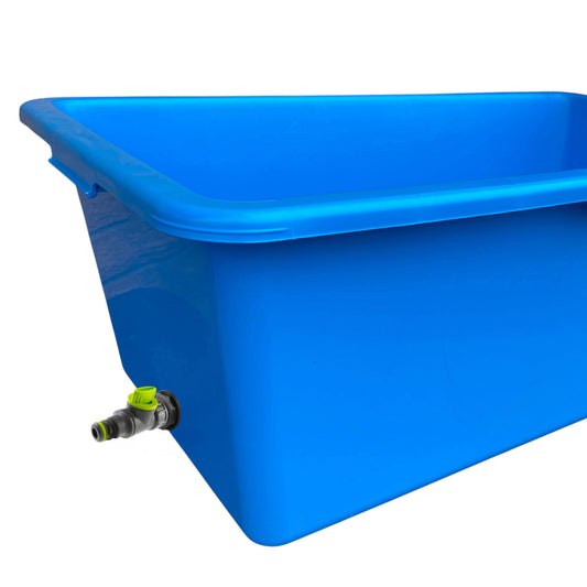 Blue dog bath with drain valve: blue tub with lime-capped drain outlet