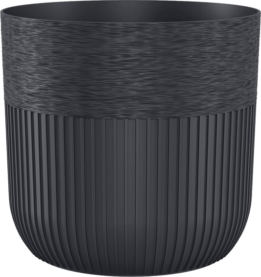 Black ribbed plant pot, rounded rim and textured side wall, deep 190mm