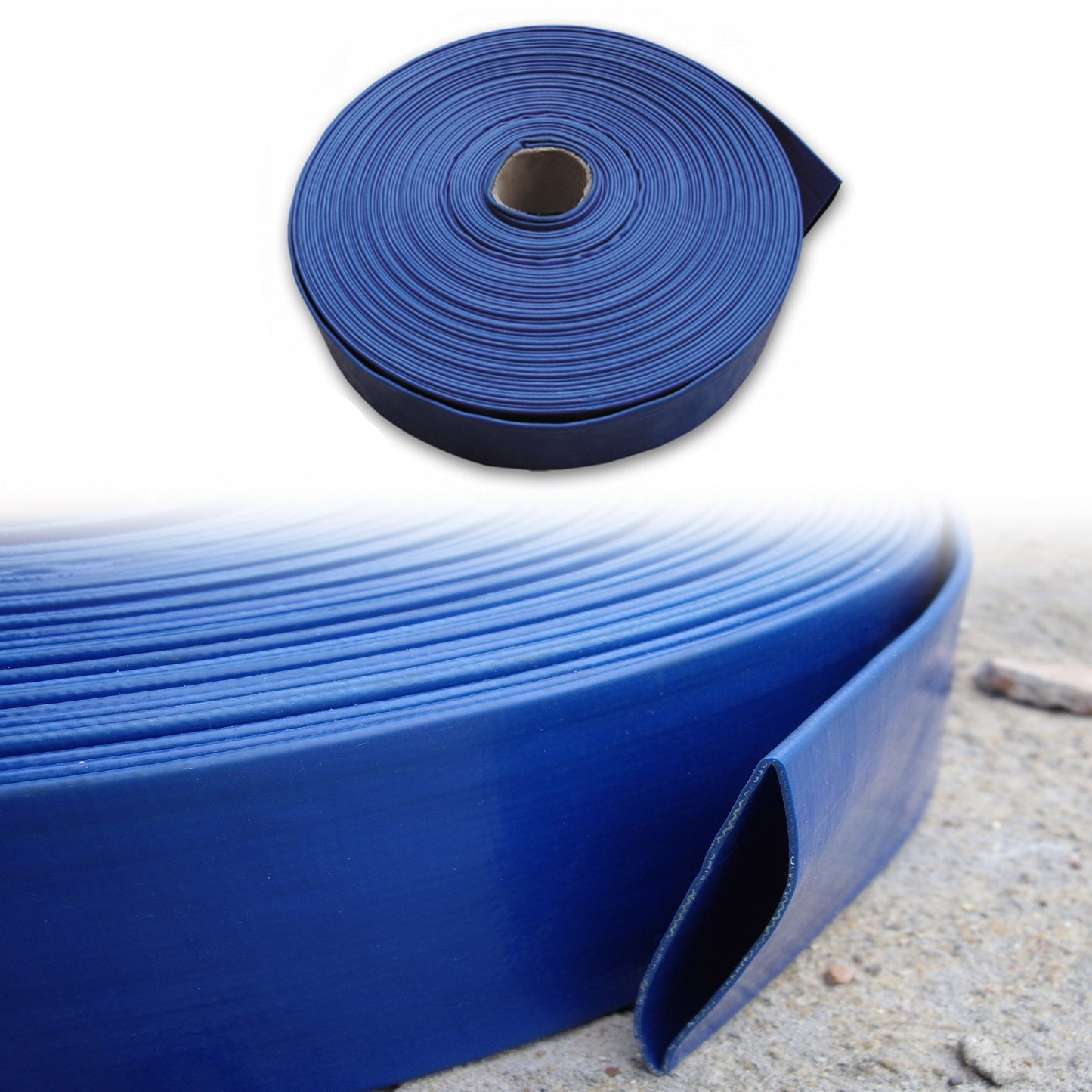 Blue lay flat 2" PVC hose coil with cut-open profile end