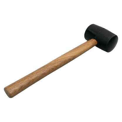 Rubber mallet: black rubber striking face on wooden handle