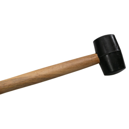 Rubber mallet view of wooden handle and black striking head