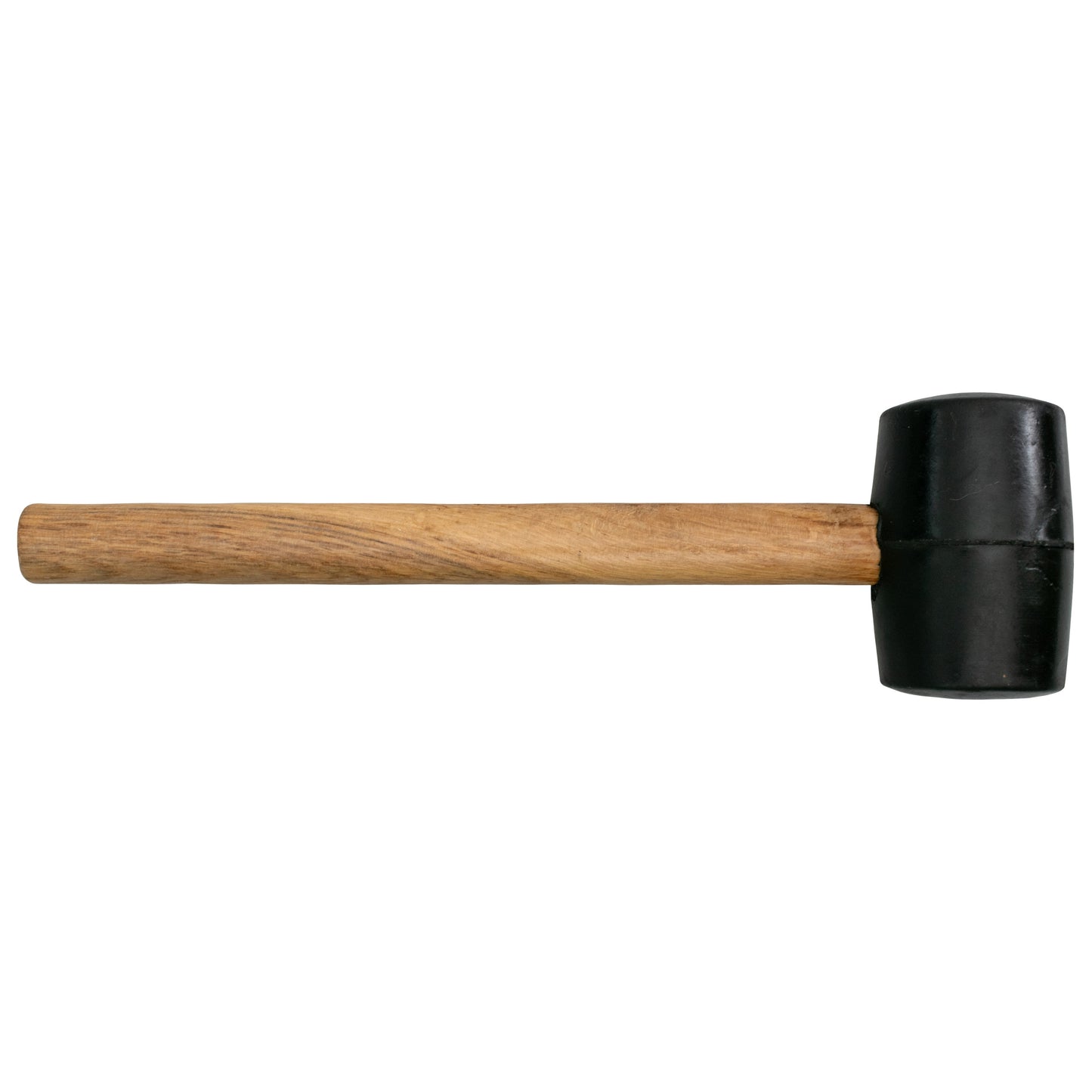 Rubber mallet side view with black rubber head on wooden handle