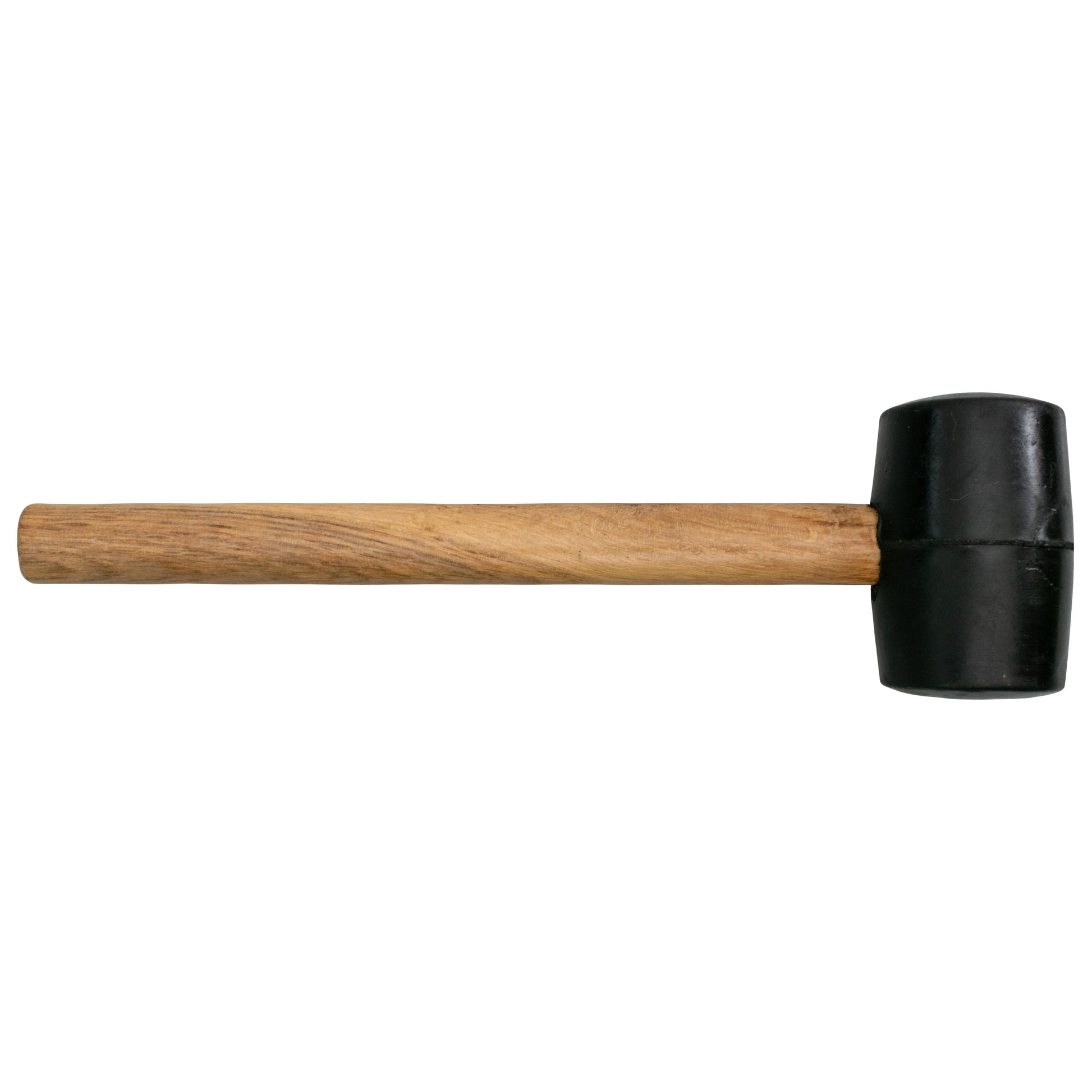 Rubber mallet side view with black rubber head on wooden handle