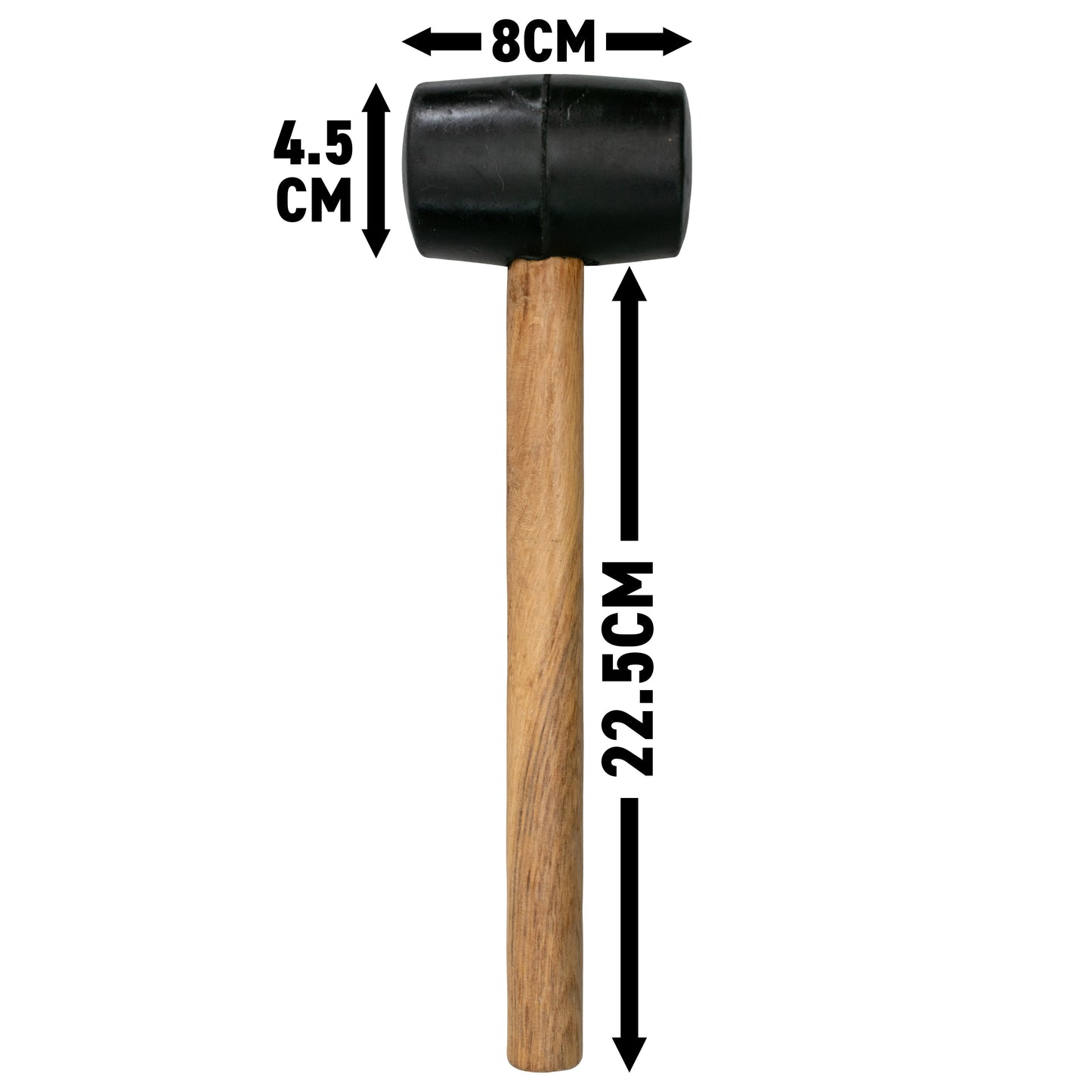 Rubber mallet 22.5 cm long; black rubber head 8 cm wide