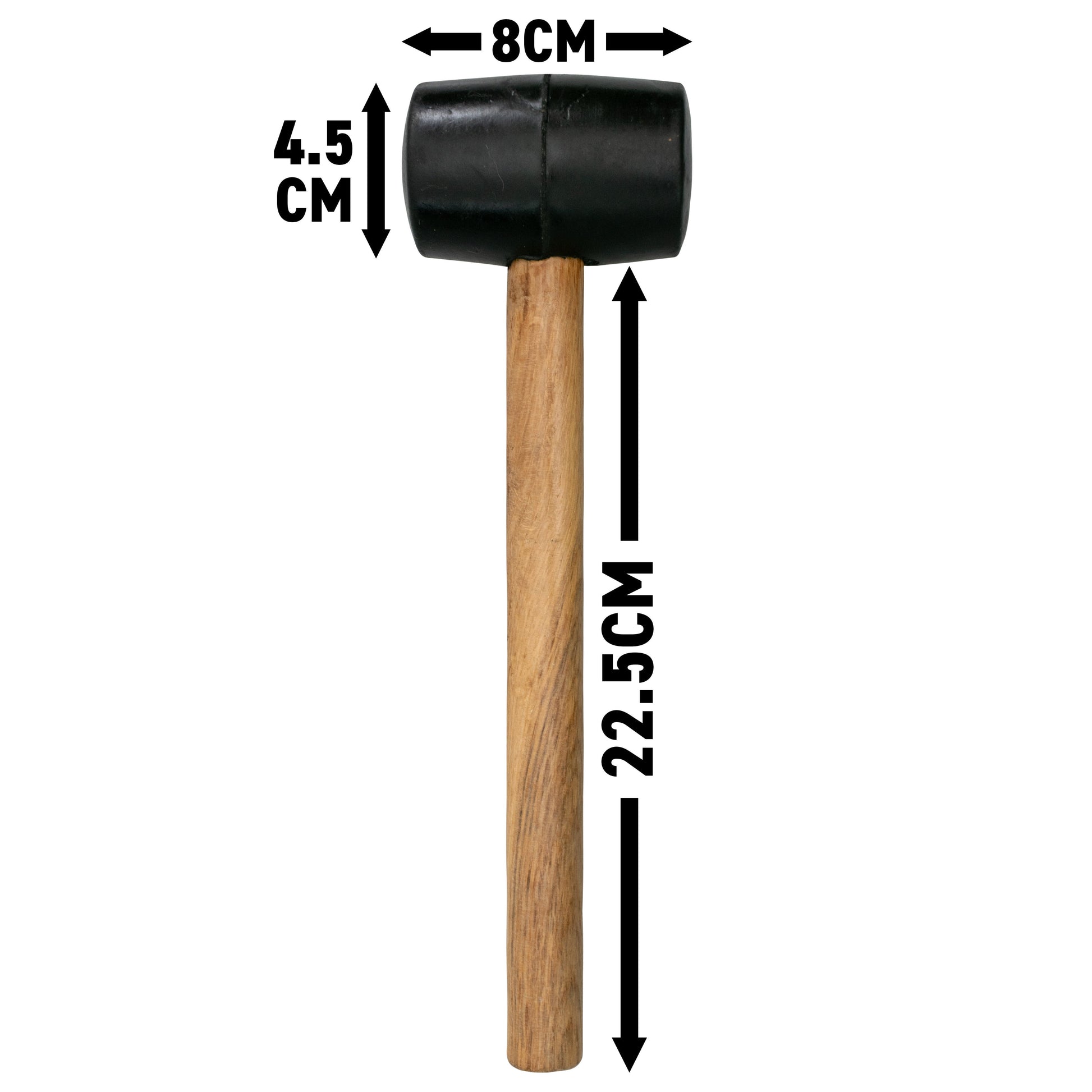 Rubber mallet 22.5 cm long; black rubber head 8 cm wide