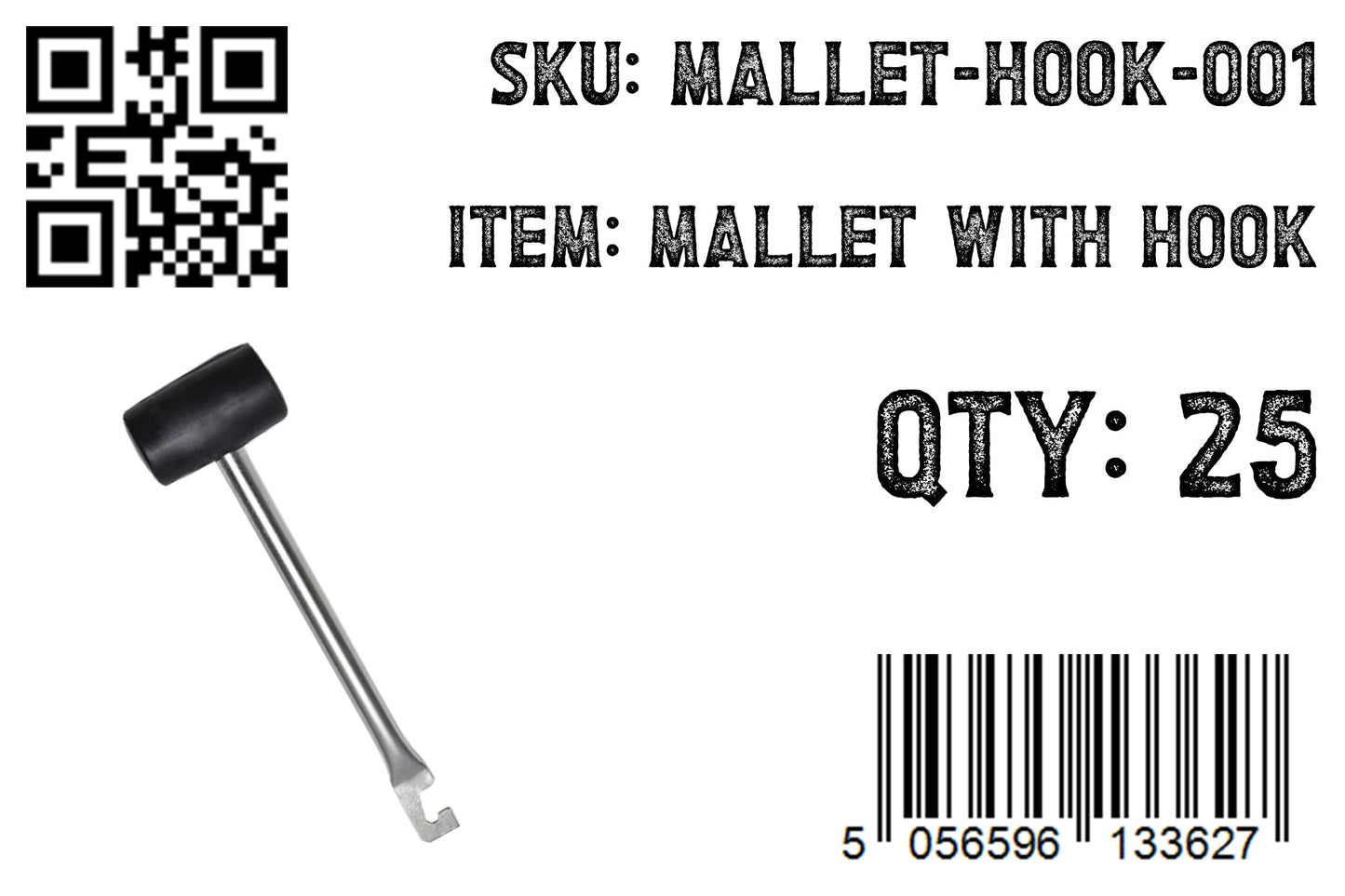 Rubber mallet with hook label, SKU MALLET-HOOK-001, QTY 25, barcode