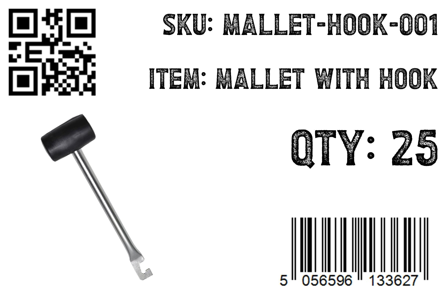 Rubber mallet with hook label, SKU MALLET-HOOK-001, QTY 25, barcode