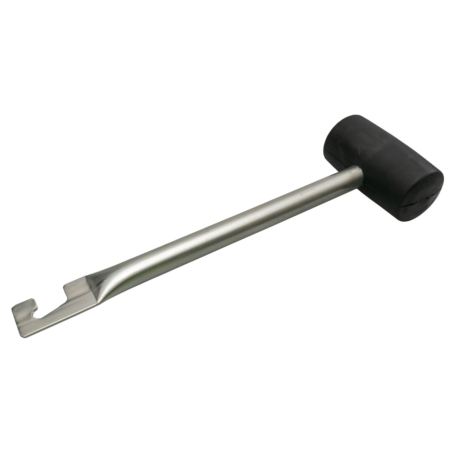 Rubber mallet with hook: black rubber mallet head and forked hook on steel handle