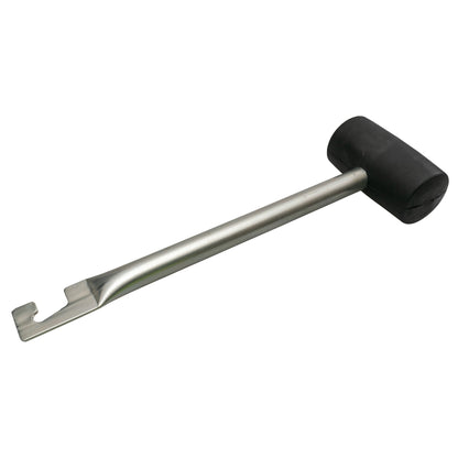 Rubber mallet with hook: black rubber mallet head and forked hook on steel handle