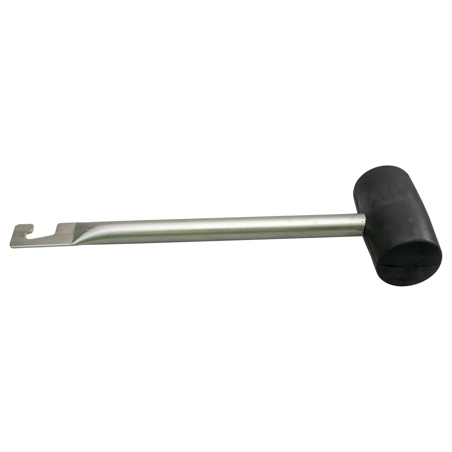 Rubber mallet with hook: black rubber head at right, steel handle with hook end
