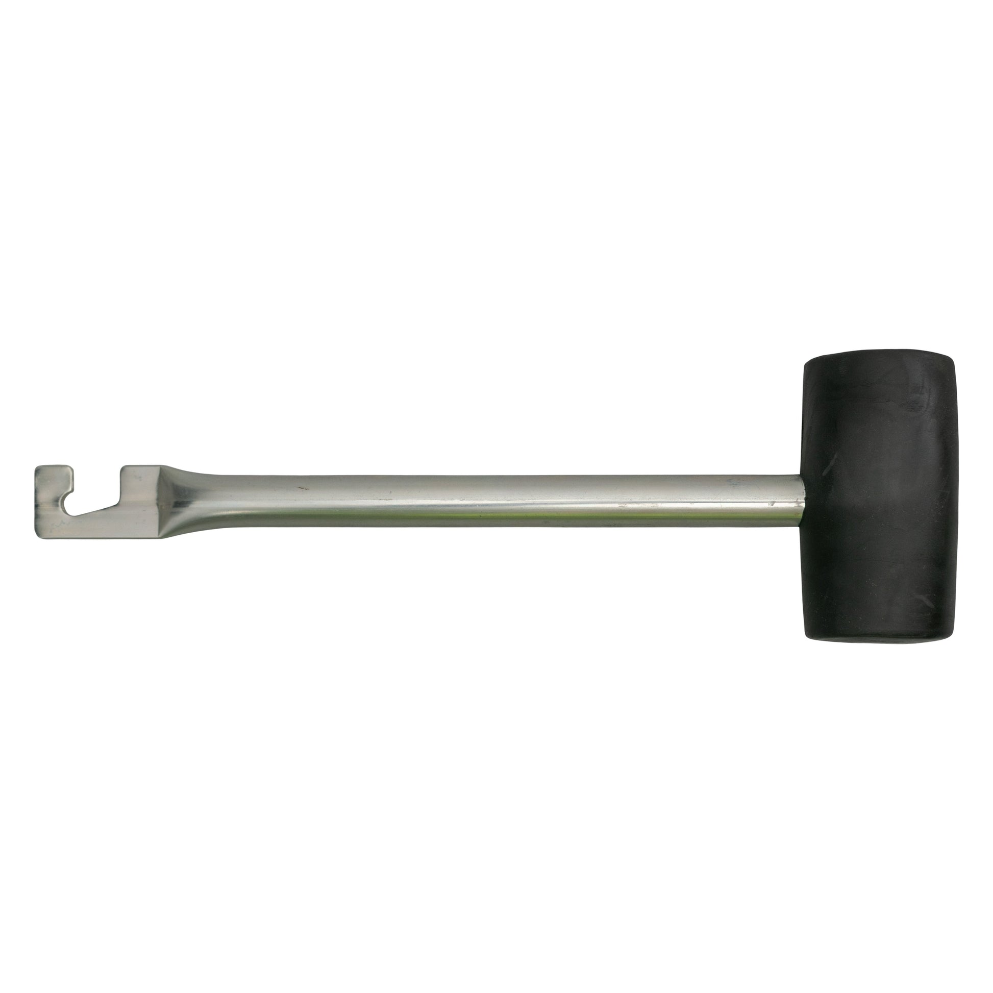 Rubber mallet with hook: long steel handle with black rubber head and hook
