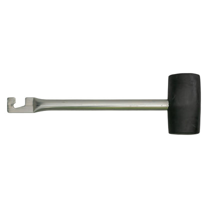 Rubber mallet with hook: long steel handle with black rubber head and hook