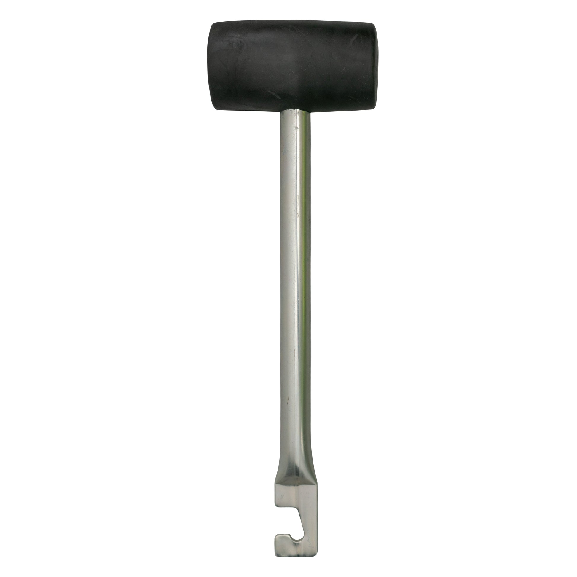 Rubber mallet with hook, vertical view: black rubber head and metal shaft with hook