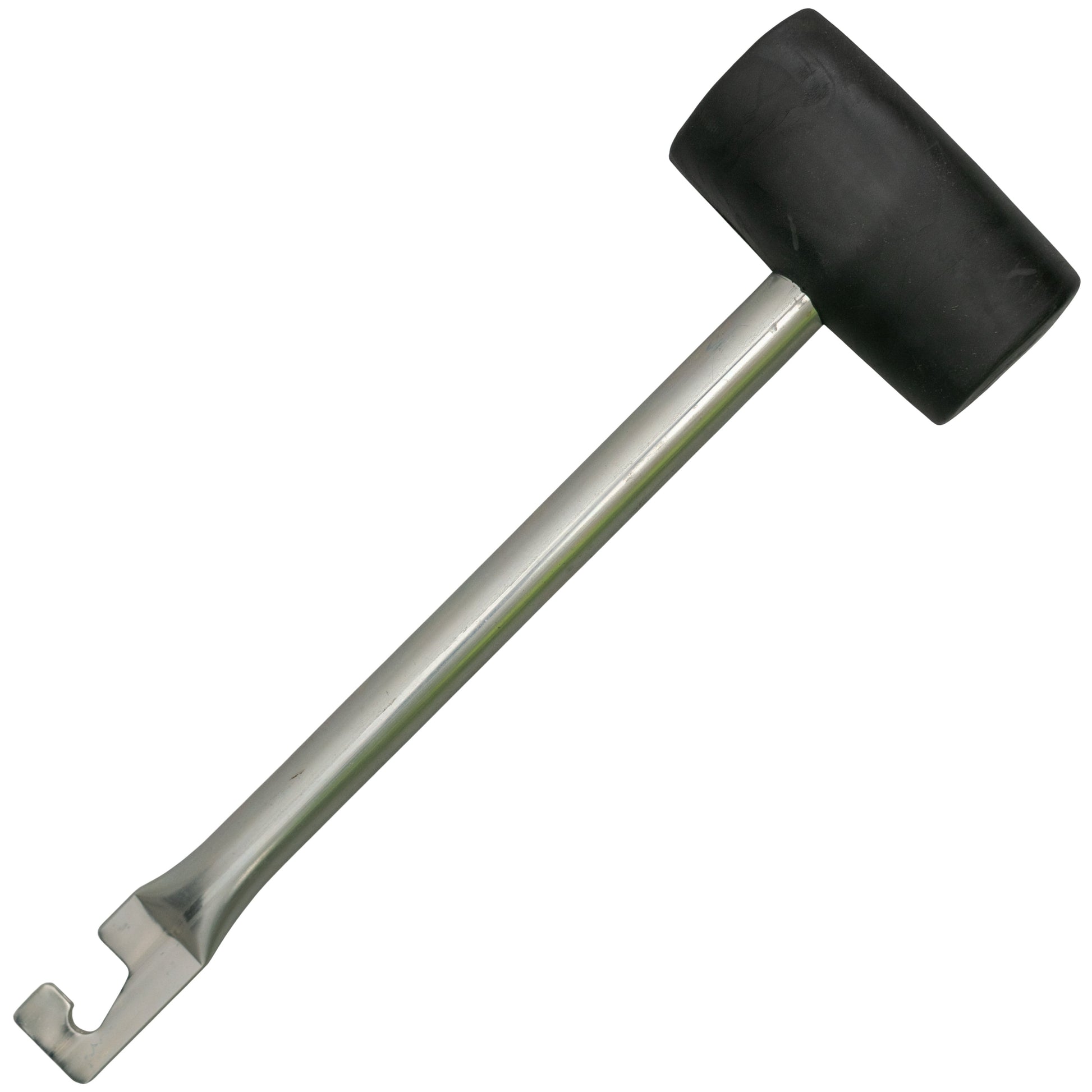 Rubber mallet with hook: black rubber head, steel handle, forked hook end