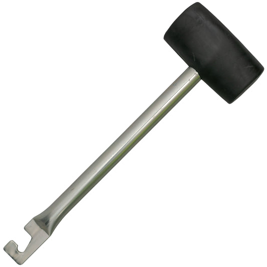 Rubber mallet with hook: black rubber head, steel handle, forked hook end