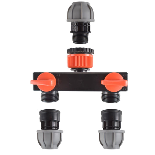 25mm Tap Splitter mit Ventilen, gerades 2‑Wege Kit, orange Handgriffe