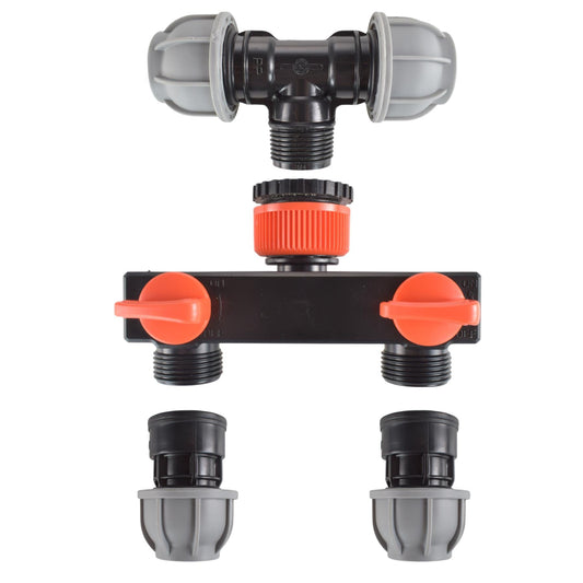 Tap splitter kit with valves and orange control knobs, two 3/4" BSPM outlets