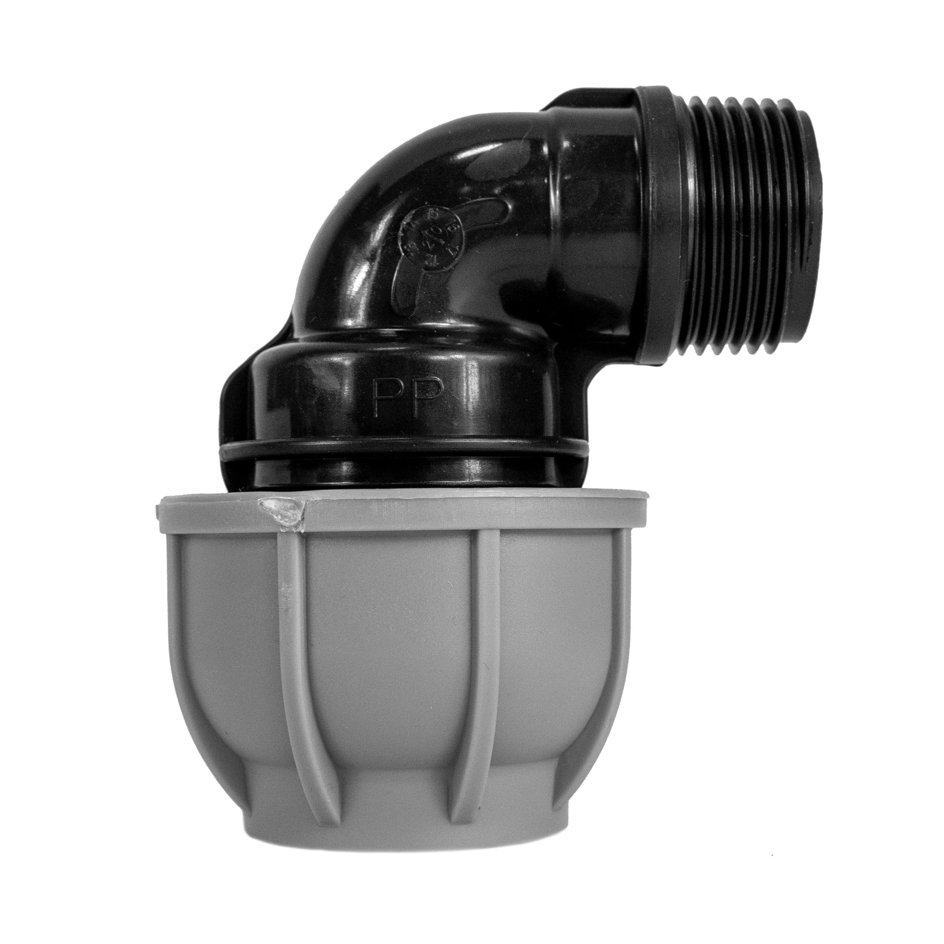 IBC 6-inch cap kit: black 25mm MDPE elbow with threaded end, gray cap insert