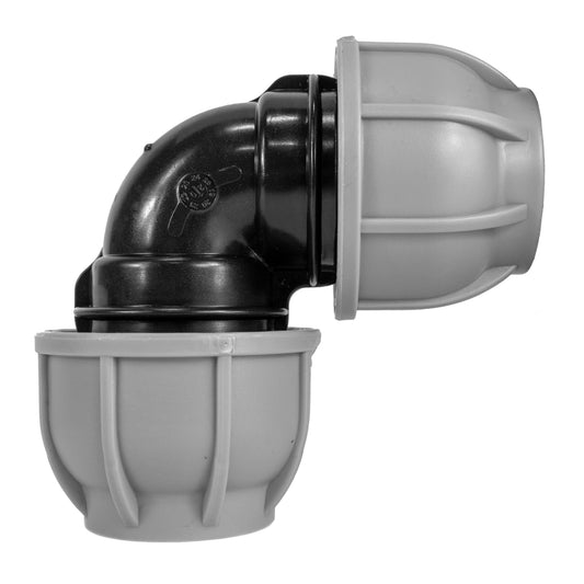 MDPE 63mm elbow pipe fitting with black and grey ends