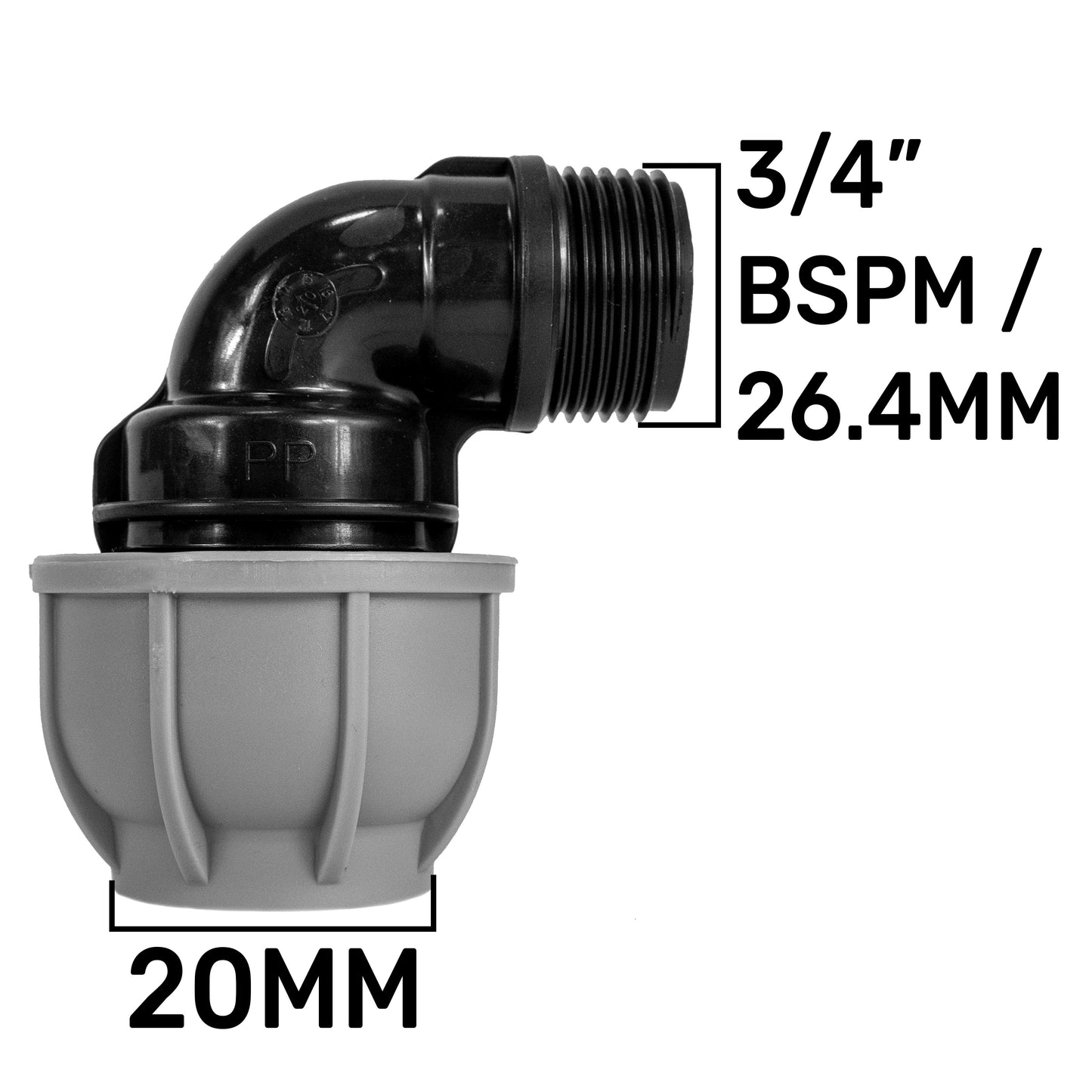 20mm MDPE elbow fitting with 3/4" BSPM / 26.4mm measurement label