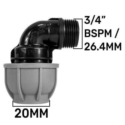 20mm MDPE elbow connector with external 3/4" BSPM thread, black elbow and grey cuff