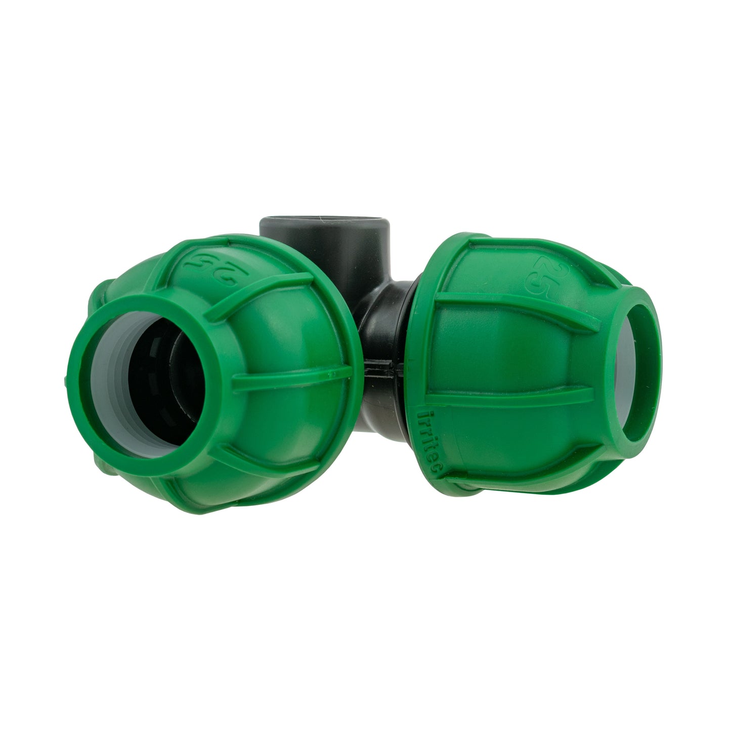 Elbow tee with two green MDPE ends and black center spacer, 25mm connections