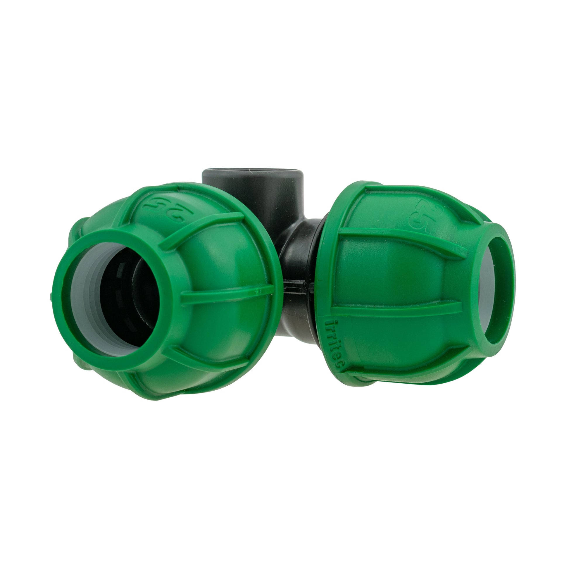 Elbow tee with two green MDPE ends and black center spacer, 25mm connections