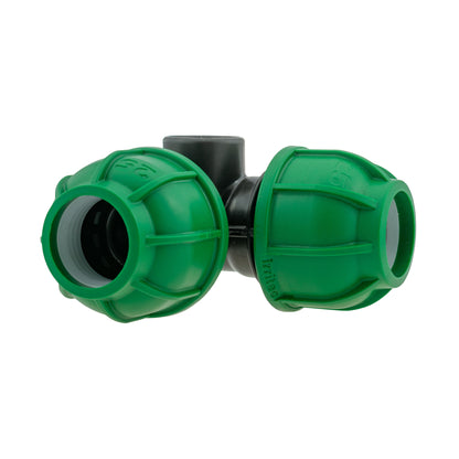 Elbow tee with two green MDPE ends and black center spacer, 25mm connections