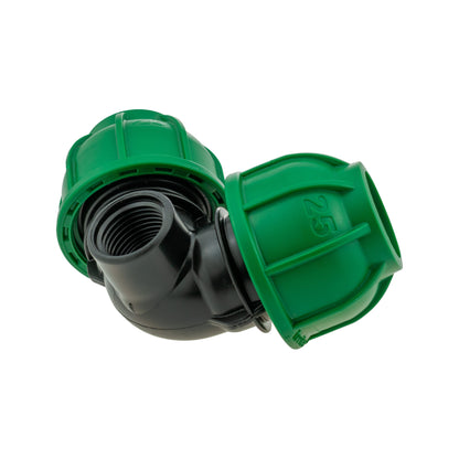 Threaded IBC cap area on MDPE elbow tee with green end and black body