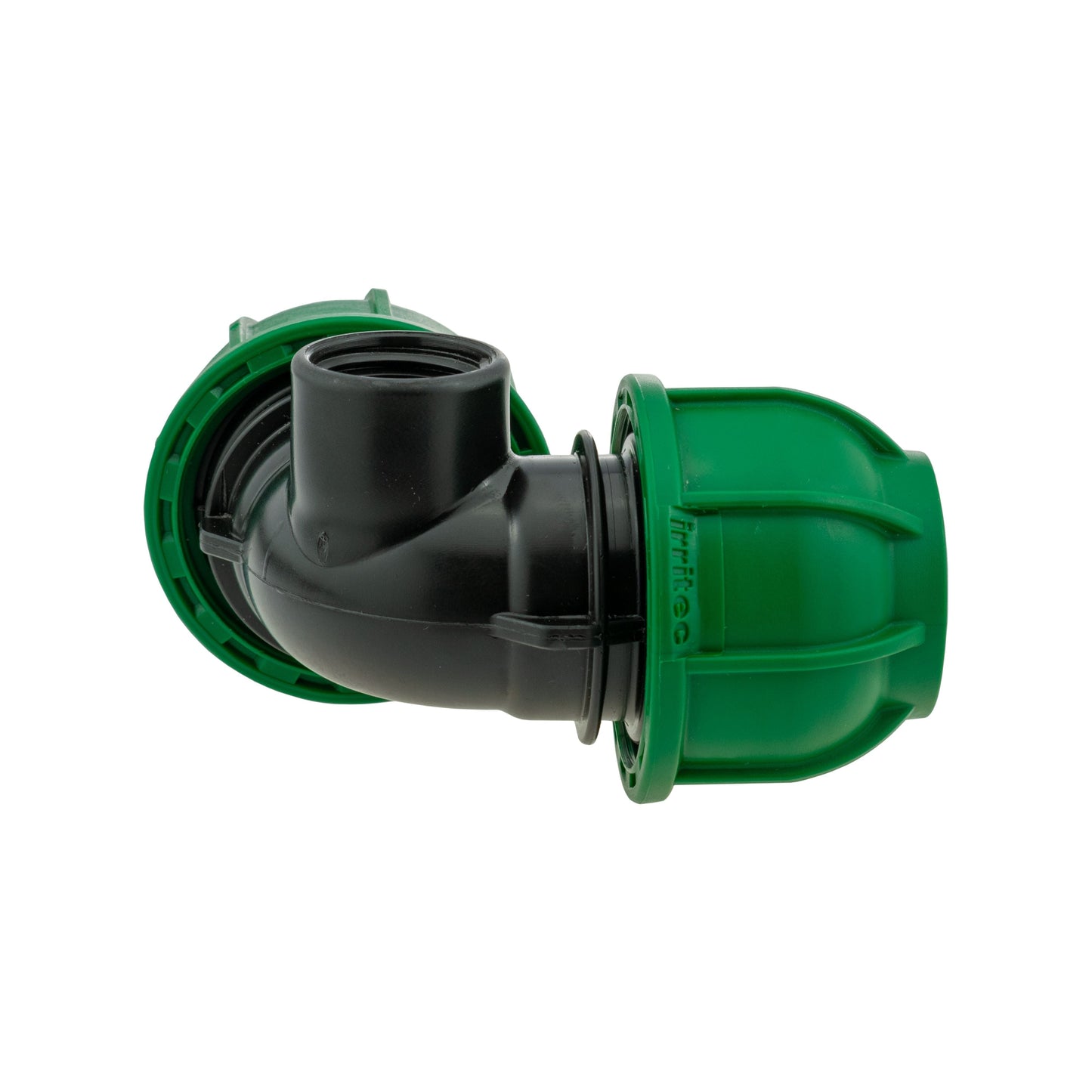 IBC cap and MDPE elbow tee: black joint with green end connection ports