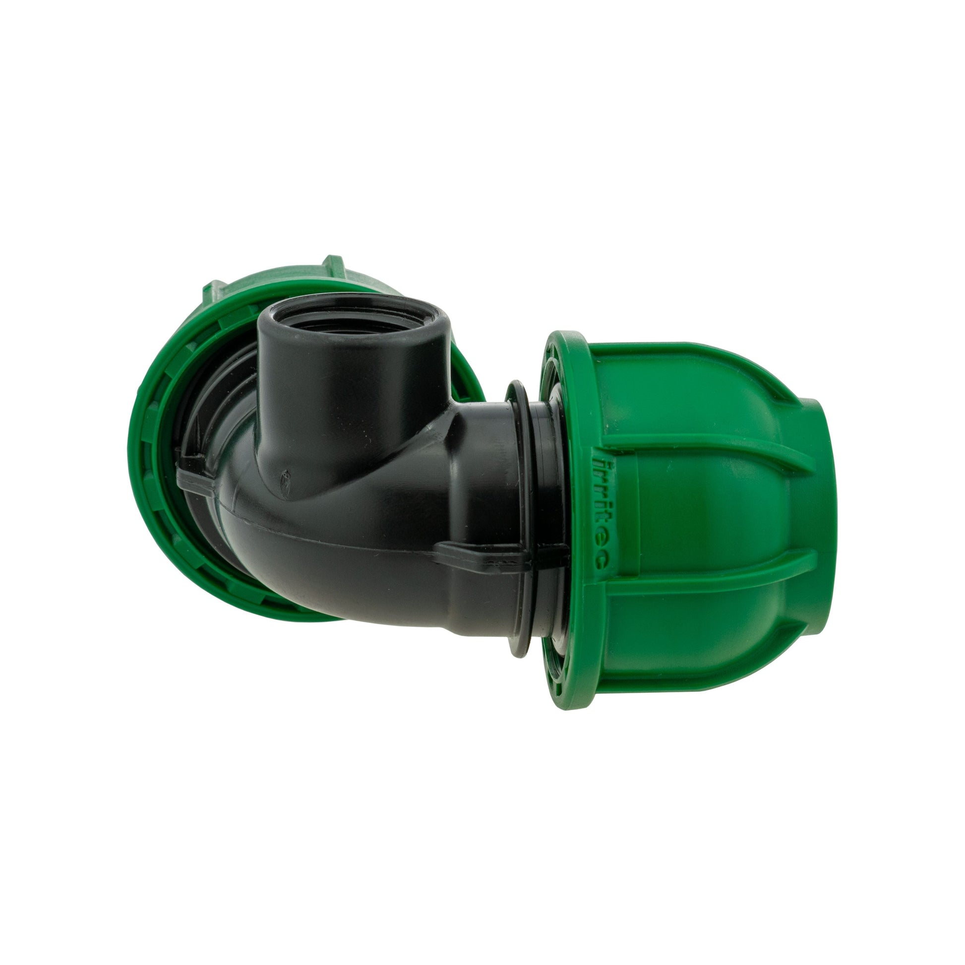 IBC cap and MDPE elbow tee: black joint with green end connection ports
