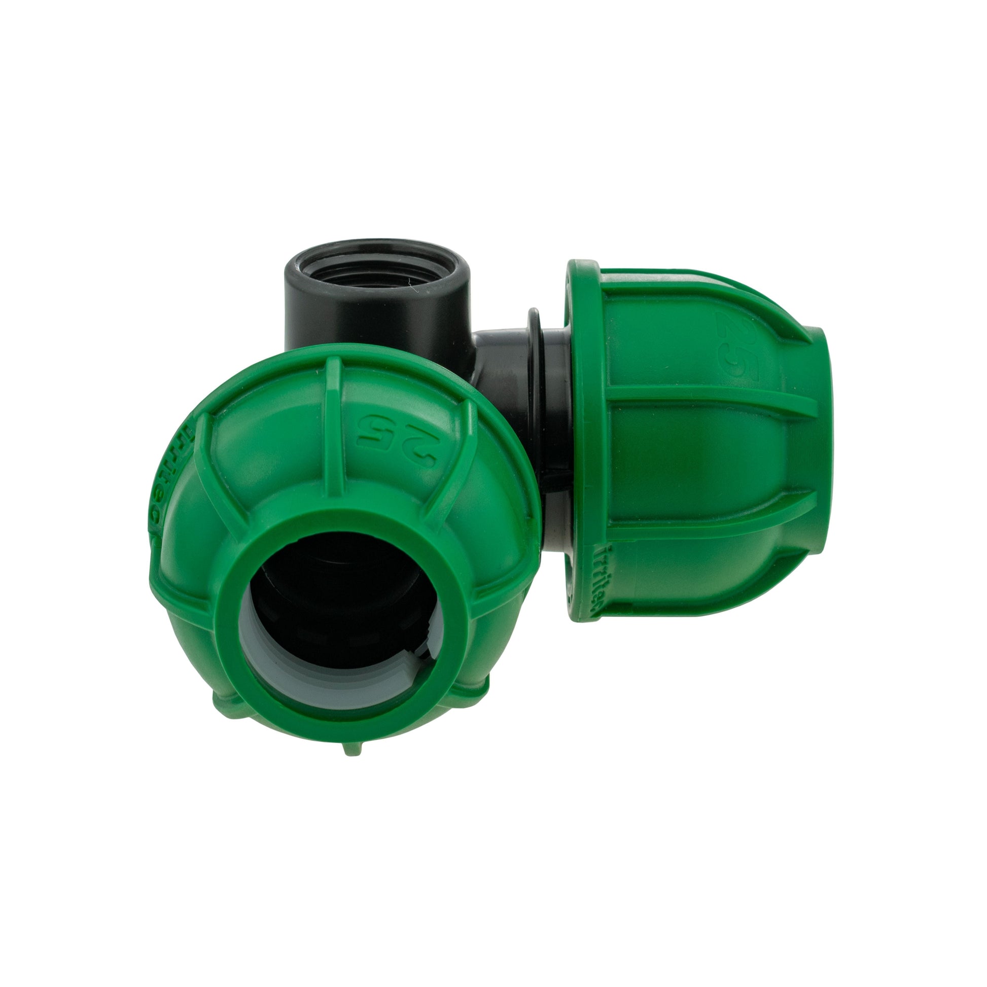 Side view of MDPE elbow tee with green end sockets and black central part