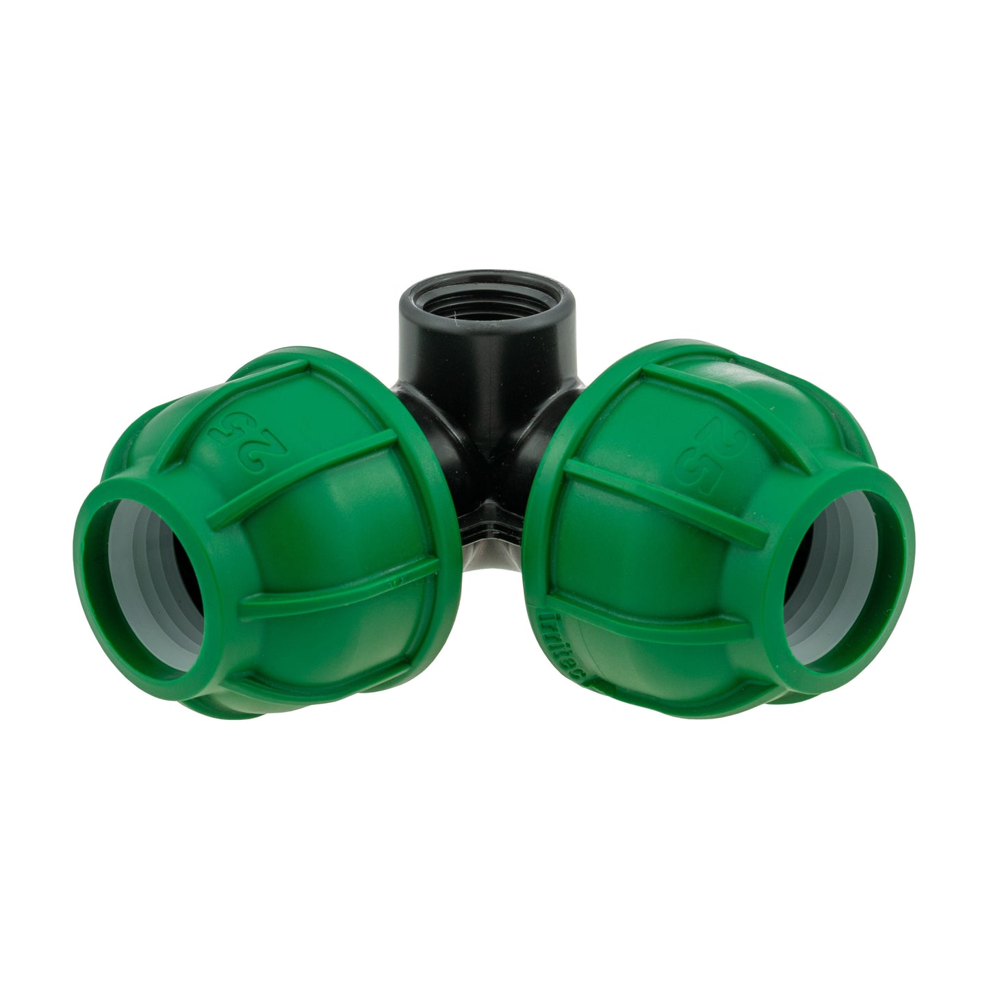 MDPE elbow tee with two green ends and black central body, 25mm coupling