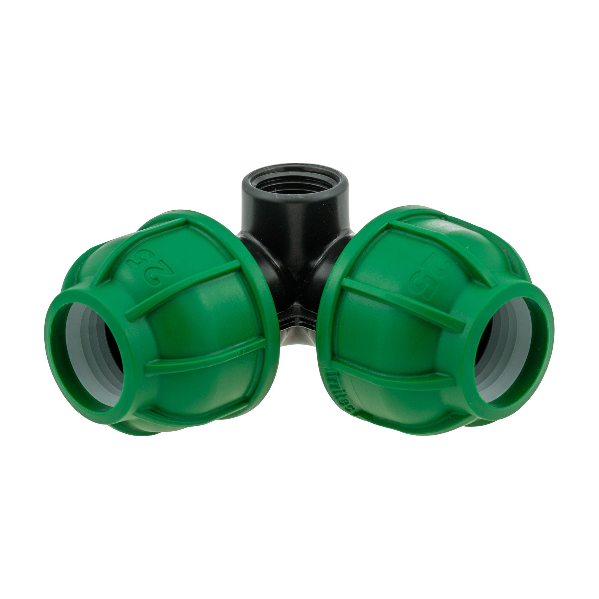 MDPE elbow tee with two green ends and black central body, 25mm coupling