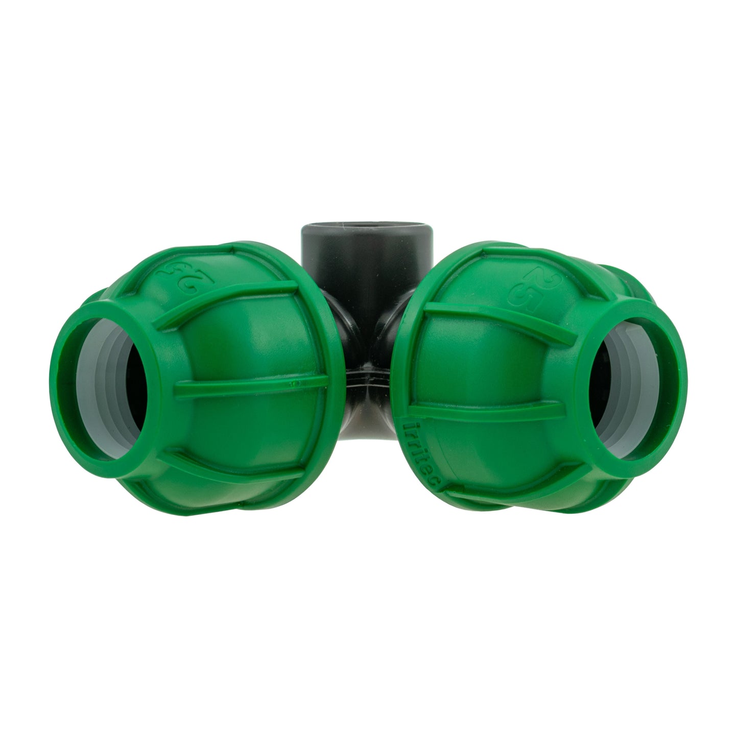 Green MDPE elbow tee with black center section and grey coupling ends
