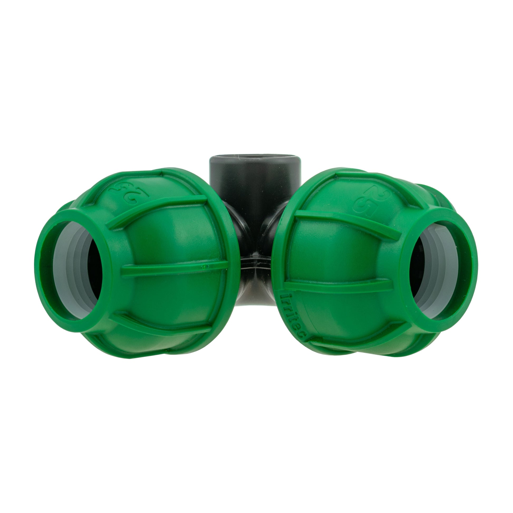Green MDPE elbow tee with black center section and grey coupling ends