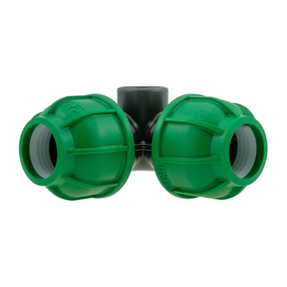 Green MDPE elbow tee with black center section and grey coupling ends