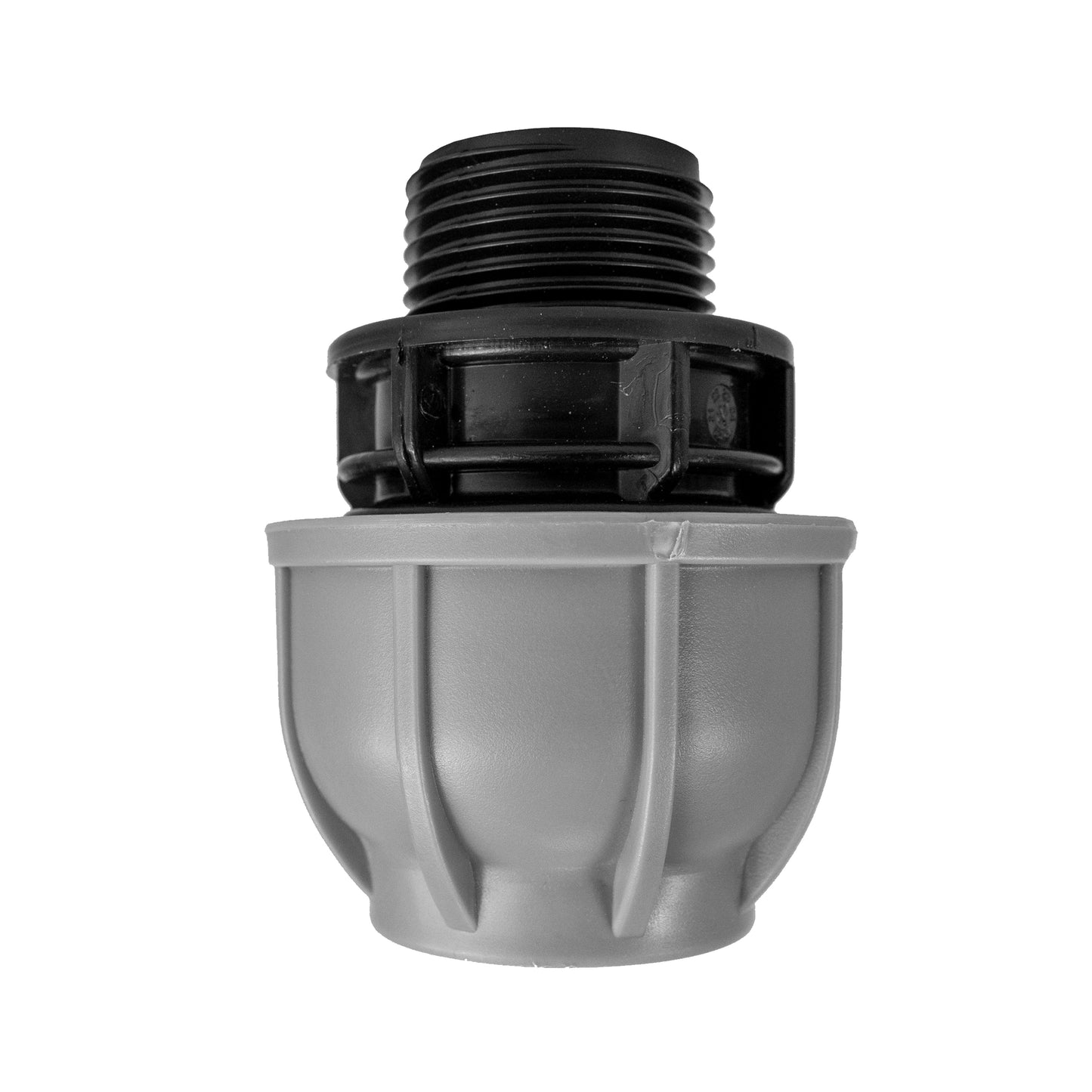 Gray-and-black 25mm MDPE straight coupling cap for IBC, threaded connector