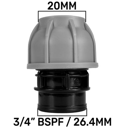 20mm MDPE end and 3/4\u201d BSPF/26.4mm fitting size marker on grey connector