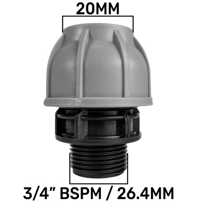 20mm straight valve connector, grey end cap; 3/4" BSPM / 26.4mm shown