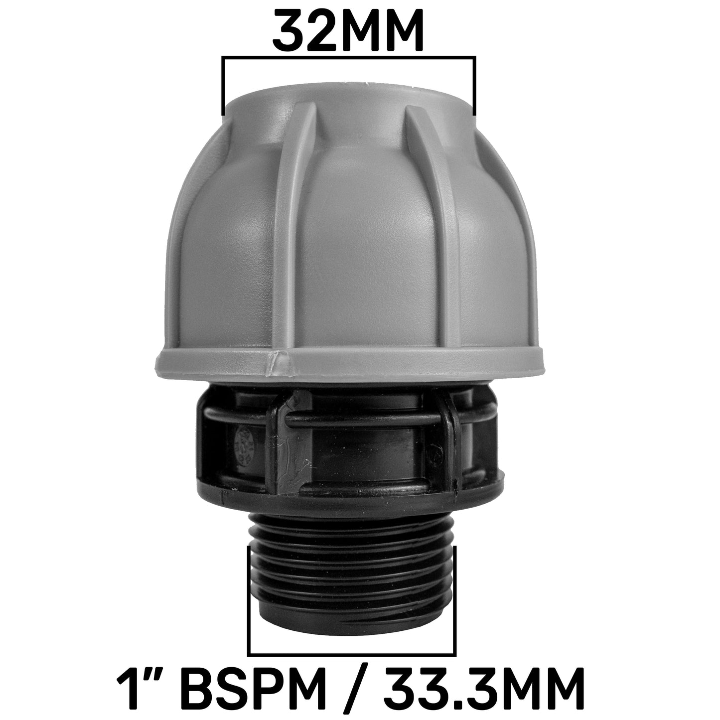 Size guide: 32mm top and 1" BSPM/33.3mm fitting for water butt valve