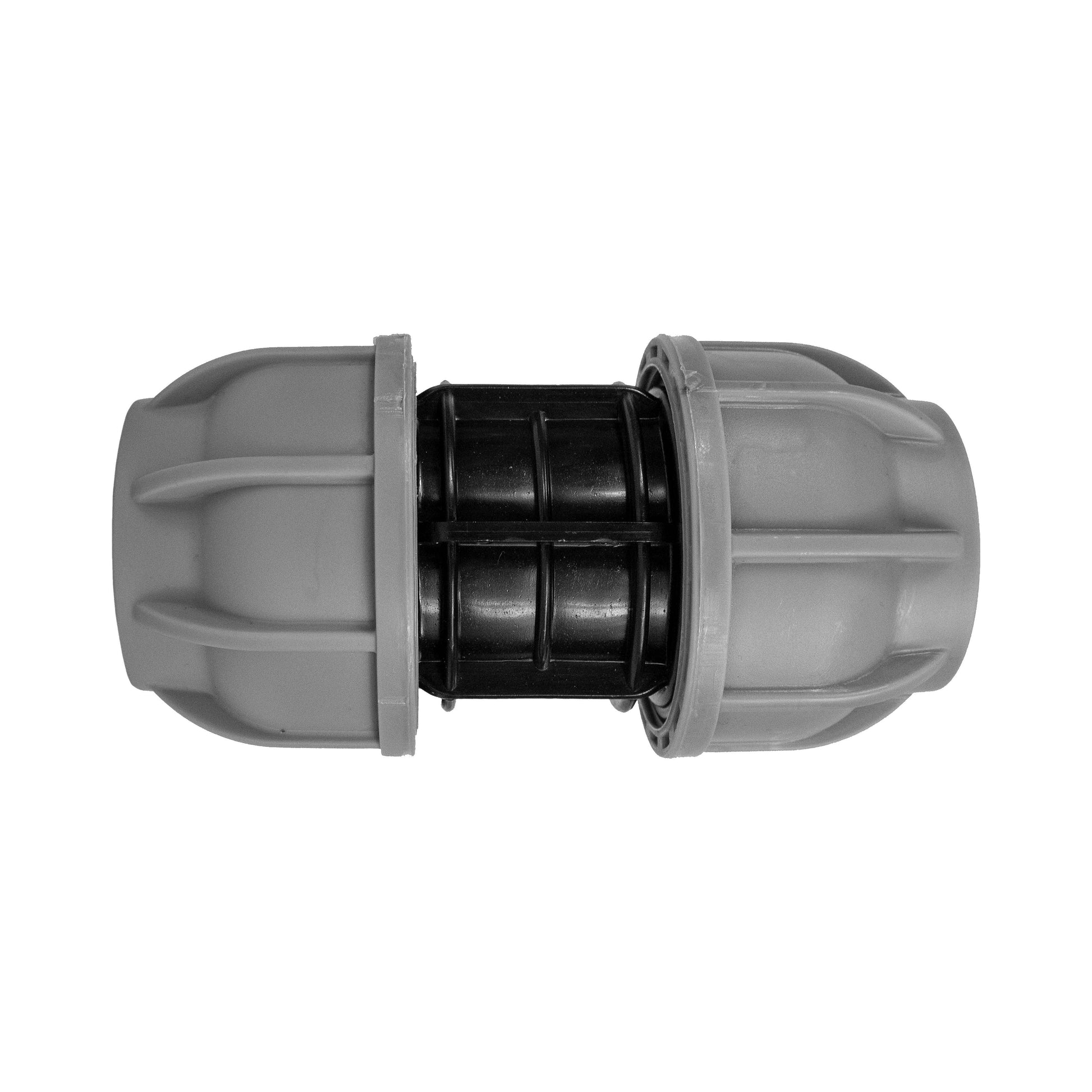 MDPE straight joiner 20mm, grey connector with black coupling inserts